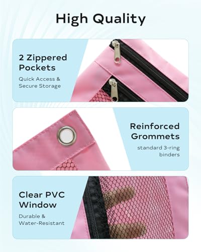 Pencil Pouch 3 Ring Binder: 3 Ring Binder Pencil Case Bag Zipper Pencil Pouch Bulk Holder Accessories Clear Window Pencil Case Aesthetic Pencil Organizer Pockets (Pink, 1), 3RB-muti - color: Pink