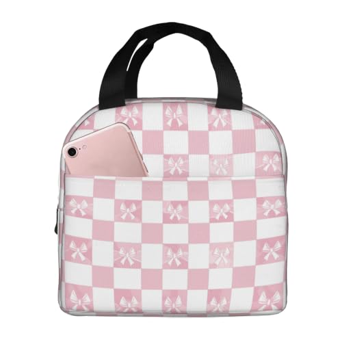 Lunch Bag Pink Check Bow Pattern Insulated Lunch Box Cooler Tote for Adults Student Boys Girls Women Men Work Office School Picnic Beach Reusable Lunchbox Over 3 Years Old - color: B0361