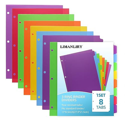 3 Set Plastic Binder Dividers with Tabs,Multicolor Index with 8-Tabs,Divider for 3 Ring Binder - style: 3 SETS 8 TAB