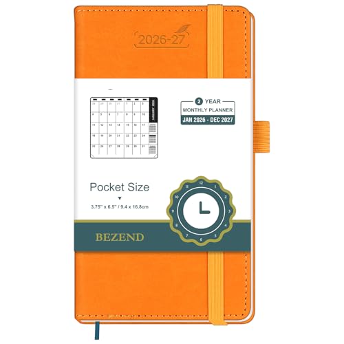 BEZEND Pocket Monthly Planner 2026-2027 (3.5" x 6.5") 2 Year Calendar Book for Purse with Note Pages, 100 GSM Paper, Inner Pocket, Pen Holder, Vegan Leather Hardcover in Orange - color: Orange, size: Pocket 3.5" x 6.5"
