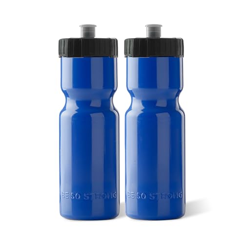 50 Strong Sports Water Bottles – Reusable 22 oz BPA-Free Plastic Bottles with Pull Top Cap – Made in USA – Top Rack Dishwasher Safe – Fits Most Bike Cages Brand - color: Blue, style: 2 Pack