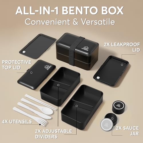 Umami Bento Box Adult All-In-1 w/4 Utensils, 2 Sauce Jar, 2 Dividers, 100% Leakproof, Microwave & Dishwasher Safe, Stackable Bento Lunch Box Containers for Men/Women, Matte Black, 40 oz - color: Matte Black, size: M - 40 oz