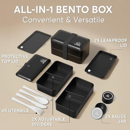 Umami Bento Box Adult, Leakproof, All-in-1 Lunch Containers for Adults | 40 oz, microwave & dishwasher safe, 4 utensils & sauce jar included, stackable, BPA-free, Matte Black - color: Matte Black, size: M - 40 oz