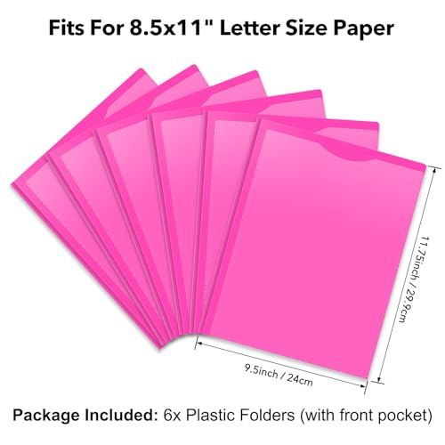 6 Pack Heavy Duty Plastic Pocket Folder with Prongs and Clear Front Pocket, 3 Pockets Folders with 3 Prongs and 2 Card Slot, Pink File Folders Fit Letter Size Paper for Office School Home Business - color: Pink