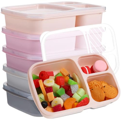 Honeydak 5 Pack Snack Containers 3 Compartment Bento Snack Boxes Divided Meal Prep Containers with Lids Reusable Adults Lunch Food Storage Box for School Work Travel(Creamy Pink Gray) - color: Creamy Pink Gray