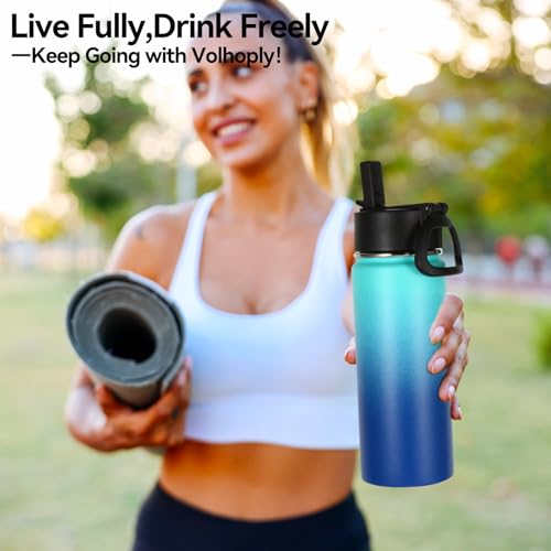 Volhoply Kids Insulated Water Bottle with Straw,16oz Stainless Steel Cold Water Bottles for School,BPA-Free Metal Wide Mouth Cups with Handle,Reusable Double Wall Vacuum Sport Flask(Green Blue,1) - color: Green Blue