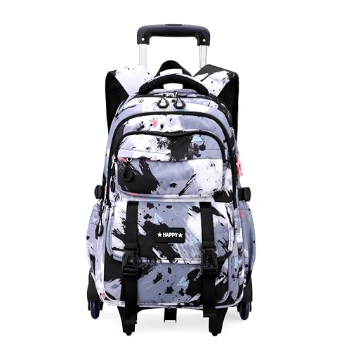 Kids Rolling Backpack for Girls School Backpack with Wheels for Boys Wheeled Bookbags Roller Trolley Bags for Primary Students, 6-Wheel Black - color: 6 Wheels Black