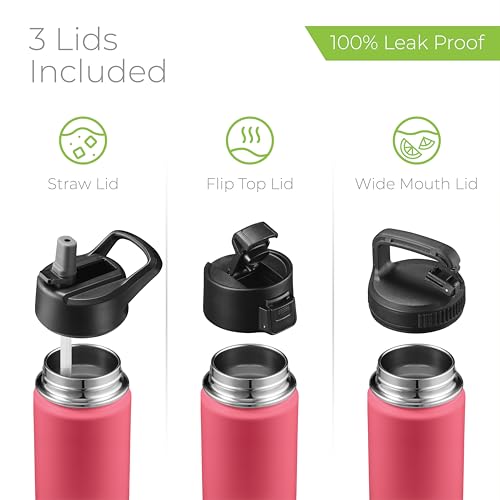 SipX™ 18 oz Insulated Water Bottle with 3 Lids – Leakproof Stainless Steel, Triple Insulated – Cold 24 Hours/Hot 12 Hours – Durable Bottle for School, Gym, Travel – Red - color: Red, size: 18 Ounces