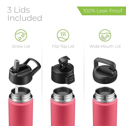 SipX™ 18 oz Insulated Water Bottle with 3 Lids – Leakproof Stainless Steel, Triple Insulated – Cold 24 Hours/Hot 12 Hours – Durable Bottle for School, Gym, Travel – Red - color: Red, size: 18 Ounces
