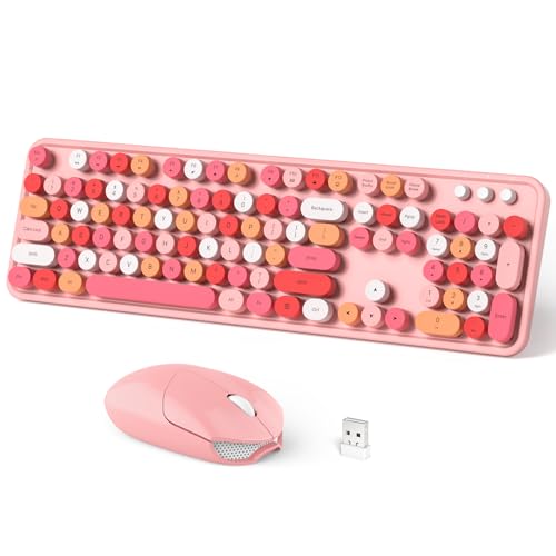 Dilter Wireless Keyboard and Mouse Combo, 104 Keys Full-Sized 2.4 GHz Round Keycap Colorful Keyboards, USB Receiver Plug and Play, for Windows, PC, Laptop, Desktop (Pink) - color: Pink Mixed