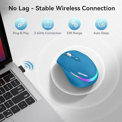 TECKNET Wireless Mouse Jiggler, Rechargeable Mouse with Built-in Mouse Mover, 6 Adjustable DPI & 14 LED Modes, Silent Click, Undetectable Random Movement Keeps Computer Awake for Laptop/PC/Mac- Blue - color: Blue