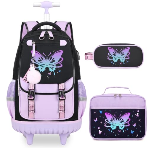 Bevalsa Rolling Backpack for Girls, 3PCS Roller School Backpack Set | with Lunch Box & Pencil Case, Kids Bookbag with Wheels for Teen Girls Elementary Middle High School Students - color: Purple Butterfly
