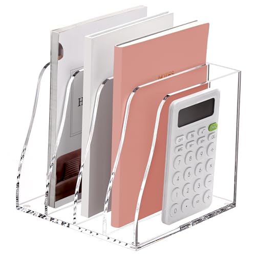 SANRUI Acrylic File Organizer, Compact Desk Organizer for Folders, Binders, Notebooks, Envelopes, Vertical Binder Storage Organizer, 4 Section Bookshelf for School Home Office Organization - size: B5,4 Sections