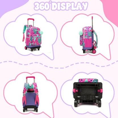 Girls Rolling Backpack for School Backpack with Wheels for Girls with Lunch Bag Cute Carry On Backpacks for Elementary Student - color: Purple Love