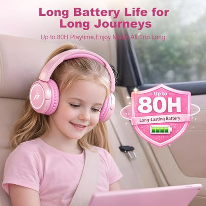 B2 Kids Bluetooth Headphones,85/94dB Safe Volume Limited, Lightweight,Adjustable Toddler Headphones for Ages 2-12,80H Playtime, Bluetooth 5.4, for iPad/Tablet/Travel/School (Pink) - color: Pink