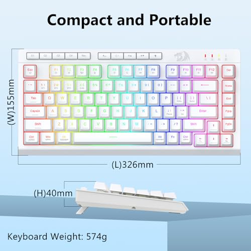 Redragon Wireless Gaming Keyboard, Bluetooth/2.4GHz/USB-C Wired, RGB Backlit, Portable 75% Mini Quiet Macro Membrane Keyboard, Rechargeable 4000mAh Battery, Anti-Ghosting for Win/MAC, White - color: White