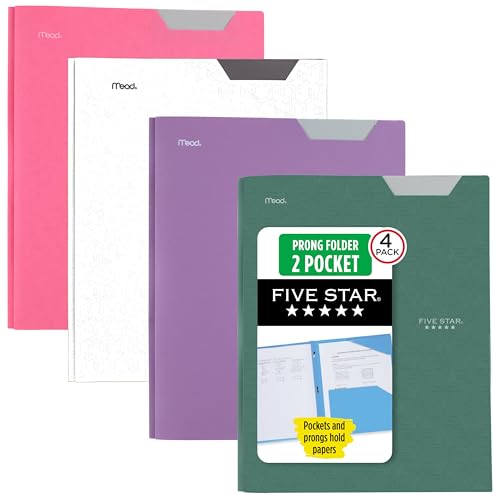 Five Star 2-Pocket Plastic Folder with Stay-Put Tabs and Prong Fasteners, Holds 8.5" x 11" Paper, Assorted Colors, 4 Pack (340300B) - color: Trend, size: 4 Pack