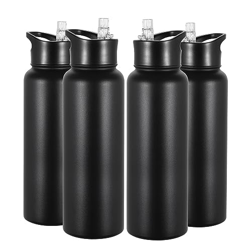 VEGOND 40 oz Insulated Water Bottle Bulk Stainless Steel Metal Water Bottles with Leak Proof Straw Lid & Spout Lid, Wide Mouth Double Walled Vacuum Travel Sports Bottle, 4 Pack - color: Black, size: 40oz-4 Pack