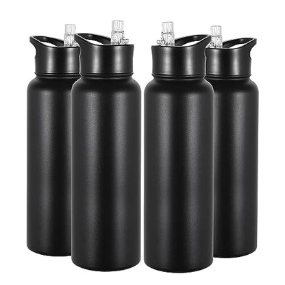 VEGOND 40 oz Insulated Water Bottle Bulk Stainless Steel Metal Water Bottles with Leak Proof Straw Lid & Spout Lid, Wide Mouth Double Walled Vacuum Travel Sports Bottle, 4 Pack - color: Black, size: 40oz-4 Pack