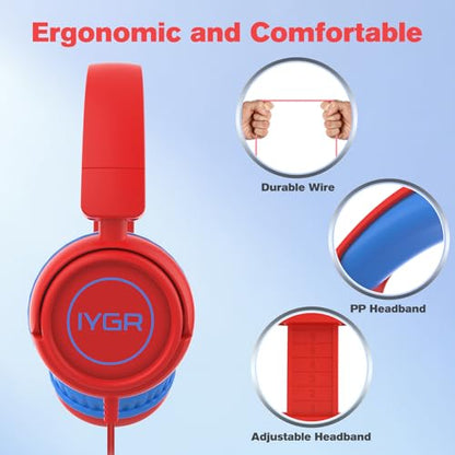 K6C Kids Headphones with USB-C, for Toddler & Kids Ages 2-12, 85dB Safe Volume Limited, Adjustable Headband & Foldable Wired, On-Ear Headphones for School, Travel, Tablet, iPad - color: Red