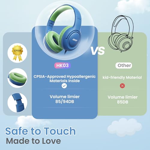 acer Kids Headphones - Over-Ear 85/94dB Volume Limiter, 3.5mm Jack Foldable Stereo Sound Headset for Toddlers Girls Boys Travel Learning Entertainment Tablet Kindle iPad PC Blue Green, HK03 - color: Blue Green