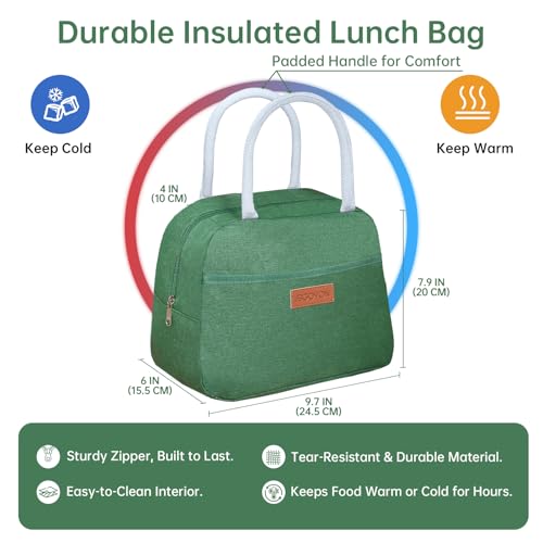 JBGOYON 4-in-1 Bento Box and Insulated Lunch Bag Set, Green | 6-hour insulation, 7.5 L lunch bag, leakproof 1.9 L container with 2 sauce cups, fork and spoon, 2 snack bags, BPA-fre - color: Dark Green