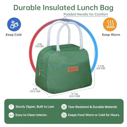 JBGOYON 4-in-1 Bento Box and Insulated Lunch Bag Set, Green | 6-hour insulation, 7.5 L lunch bag, leakproof 1.9 L container with 2 sauce cups, fork and spoon, 2 snack bags, BPA-fre - color: Dark Green