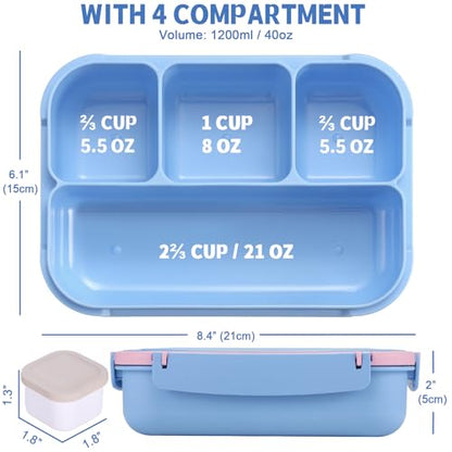 shell and turtle Bento Box Adult Lunch Box, Lunch Containers for Kids Girls Boys with 4 Compartments, Lunchable Food Container with Utensils, Sauce Jar, Muffin Liners, 40 Oz/5 Cup, Blue Pink - color: Blue Pink