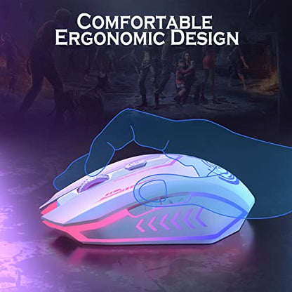 UHURU Gaming Mouse, Wireless Gaming Mouse with 6 Buttons 7 Changeable LED Color up to 10000 DPI, Rechargeable USB Gamer Mouse for PC Laptop (White) - color: white