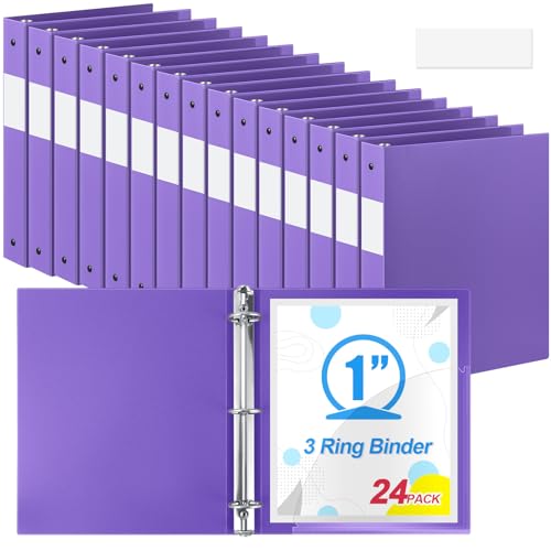 Henoyso 24 Pack 1 Inch 3 Ring Plastic Binders, Bulk Flexible PP Binders for Classroom & School Supplies, Letter Size 8.5 x 11, Holds 240 Sheets with Interior Pocket (Purple) - color: Purple