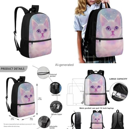 Aesthetic Galaxy Cat Backpack for School Girls Backpack with Lunch Box Water Bottle Bag and Large Pencil Case 4PCS Set 17" Bookbag with Front Pocket Lightweight School Bag for Kids Elementary - color: Aesthetic Galaxy Cat