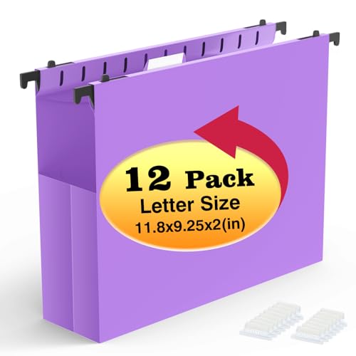 Shutex Extra Capacity Plastic Hanging File Folders,12 Pack Reinforced Expanding Hang Folder Letter Size,Accordian Pocket,Heavy Duty 2 Inch Expansion,Hanging Folder Organizer for Office Home,Purple - color: Purple
