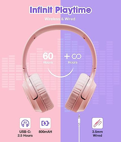 Kids Headphones Bluetooth 60H, Foldable On Ear Headphone with MIC, Volume Limiter 85dB/94dB Wireless & Wired Headphones, Over-Ear Headphone for Kid Adult School Online Class Travel, Pink