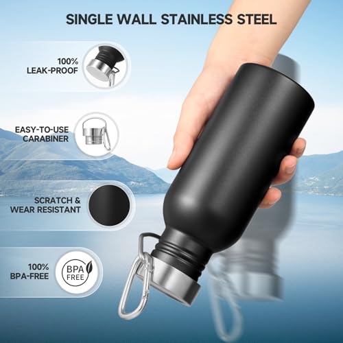 Volhoply 20oz Uninsulated Single Walled Water Bottle, Stainless Steel Reusable Water Bottles with Handle & Carabiner, BPA Free 18/8 304 Sports Water Bottles for Camping Hiking（Black,1） - color: Black
