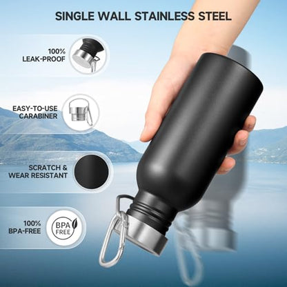 Volhoply 20oz Uninsulated Single Walled Water Bottle, Stainless Steel Reusable Water Bottles with Handle & Carabiner, BPA Free 18/8 304 Sports Water Bottles for Camping Hiking（Black,1） - color: Black