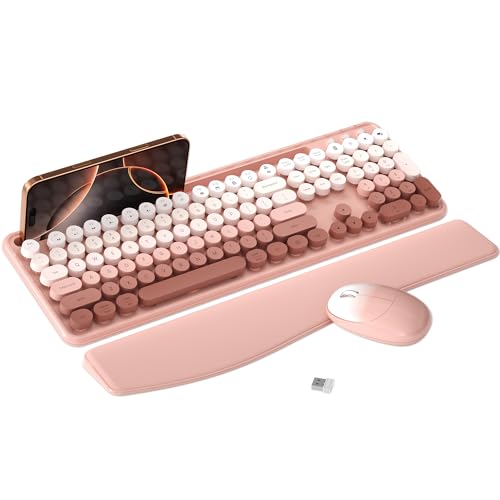 MPTOG Colorful Wireless Computer Keyboard and Mouse Combo with Phone Holder, Wrist Rest, Typewriter Keys, 2.4GHz Wireless, Full-Sized Optical Mouse for PC and Laptop(Peach Colorful) - color: Peach Colorful