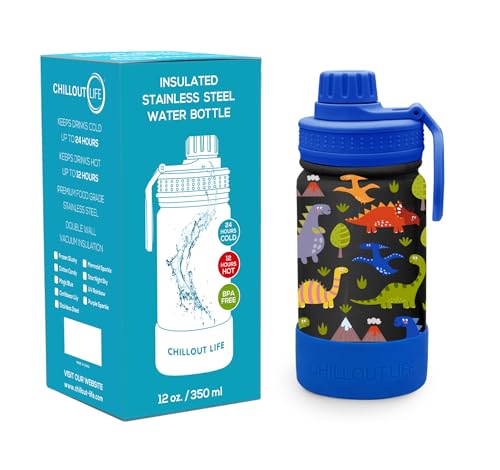 CHILLOUT LIFE 12oz Kids Insulated Stainless Steel Water Bottle with Leak Proof Spout Lid & 144 Stickers - color: Dinosaur, style: 12 oz