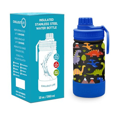 CHILLOUT LIFE 12oz Kids Insulated Stainless Steel Water Bottle with Leak Proof Spout Lid & 144 Stickers - color: Dinosaur, style: 12 oz
