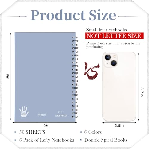 Lewtemi 6 Pack Small Left Handed Notebook 8"x5" Lefty Spiral Notebooks Wire Bound Mini Notebook 50 Sheets College Ruled Paper Journal(Bright Color) - color: Bright Color
