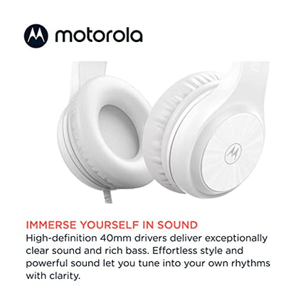 Motorola Sound Moto XT120 Over Ear Headphones Wired with Microphone, in-Line Command Control for Calls - Foldable Wired Headphones with Adjustable Cushioned Headband, Dynamic Bass, 3.5mm Jack - White - color: White