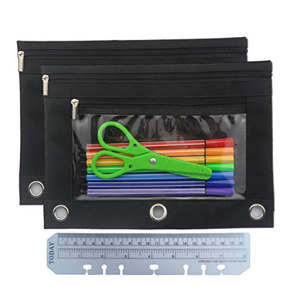 3 Ring Binder Pencil Pouch with Durable Zipper Binder Pencil Case with Clear Window 2 Pocket Black Canvas 2 Pack