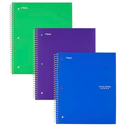 Five Star Spiral Notebooks, 1 Subject, Wide Ruled Paper, 100 Sheets, 10-1/2" x 8", Blue, Green, Purple, 3 Pack (38222) - style: Traditional