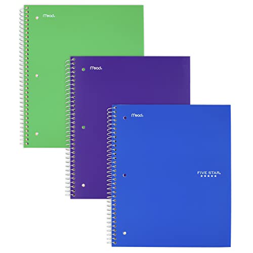 Five Star Spiral Notebooks, 1 Subject, Wide Ruled Paper, 100 Sheets, 10-1/2" x 8", Blue, Green, Purple, 3 Pack (38222) - style: Traditional