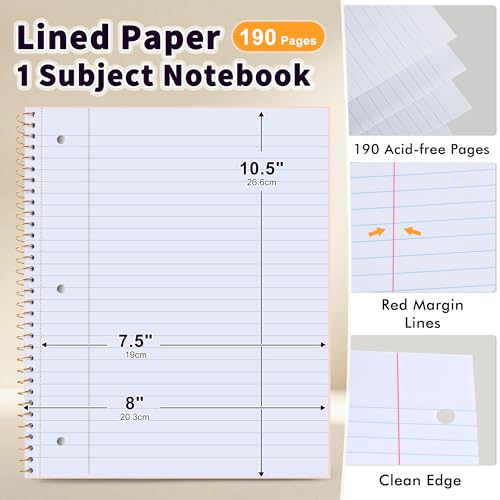 MUAHLIUB Spiral Notebook Wide Ruled Paper 8" x 10 1/2", 1 Subject Spiral Notebook, 3-Hole Punched Perforated Pages Ideal for School, Office, Writing, 95 Sheets Lined Journaling Notebook, Pink - color: Pink