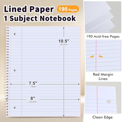MUAHLIUB Spiral Notebook Wide Ruled Paper 8" x 10 1/2", 1 Subject Spiral Notebook, 3-Hole Punched Perforated Pages Ideal for School, Office, Writing, 95 Sheets Lined Journaling Notebook, Pink - color: Pink
