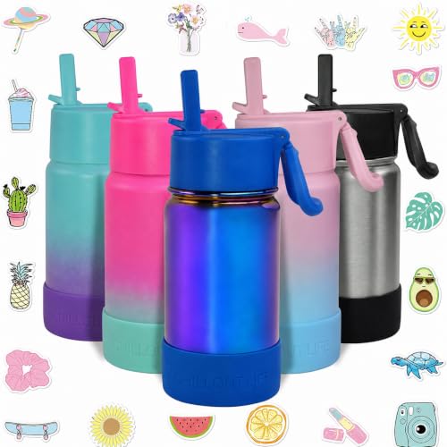 CHILLOUT LIFE 12oz Kids Insulated Stainless Steel Water Bottle with Leak Proof Straw Lid & 144 Stickers - color: Magic Blue, style: 12 oz