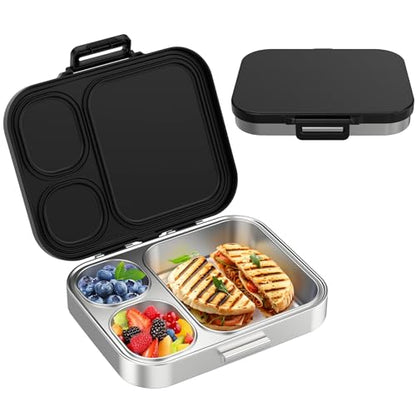 Pawtong Stainless Steel Bento Lunch Box for Kids | 3-Compartment Lunch Box Container Kids | 100% Leakproof, Eco-Friendly, Perfect Portion Control for Kids&Adult Healthy Meals (Black) - color: Black