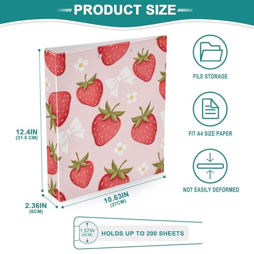 3 Ring Binder 1.5 Inch Binders Strawberry Flower Bow Binder Organizer Fashion View Binder with 2 Pockets for Home Office Supplies - color: Strawberry Bow
