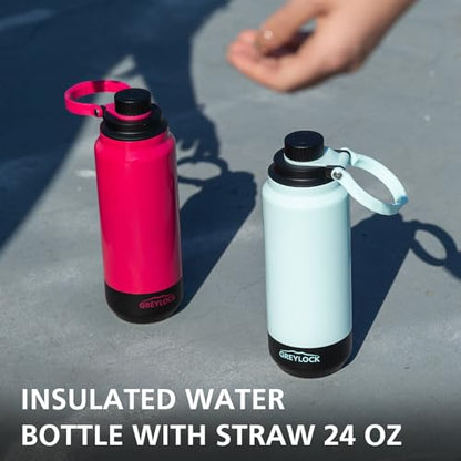 GREYLOCK 32 oz Insulated Water Bottle with Straw Lid, Leakproof Reusable Stainless Steel Vacuum Flask, 24hr Cold & Hot, Carry Handle & Silicone Spout, BPA-Free for Gym, Hiking, Travel, Red - color: Raspberry Ridge, size: 32 Ounces