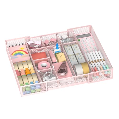 Expandable Desk Drawer Organizer Tray with 10 Adjustable Compartments, Metal Mesh Office Drawer Organizer, Versatile Desk Organizer for Home, School Supplies, Makeup Vanity & Jewelry (Pink) - color: Pink